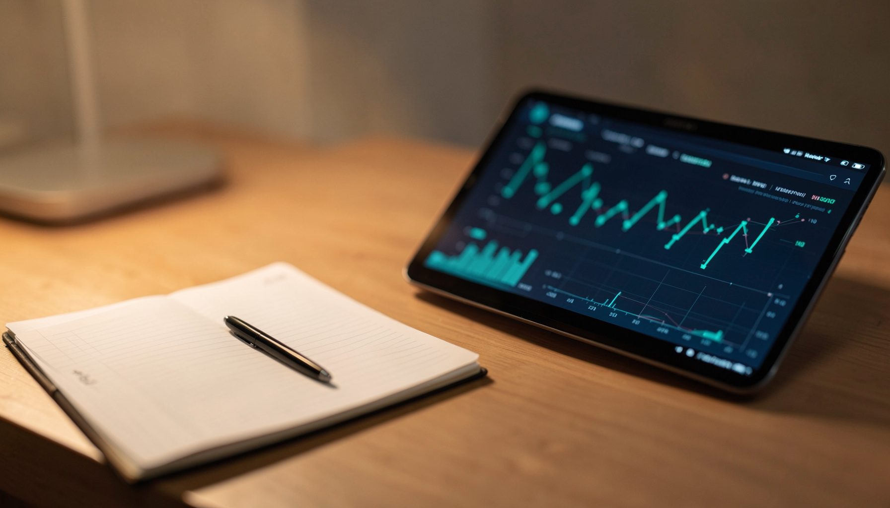 A clean desk scene with a notebook, pen, and a tablet showing financial charts in dark blue and teal tones, lit by warm ambient light