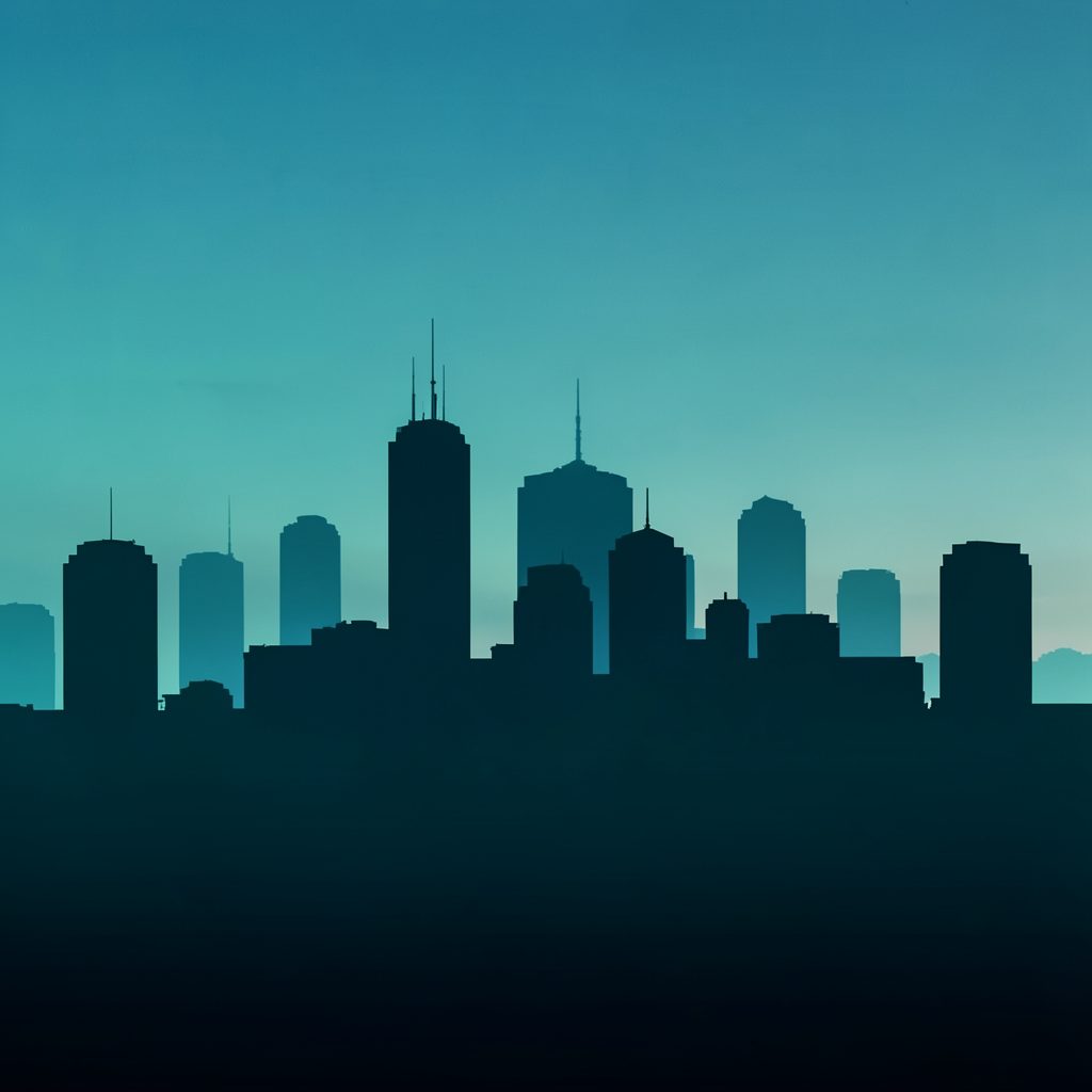 Abstract city skyline silhouette at dusk with teal and blue tones, representing REITs and property trusts