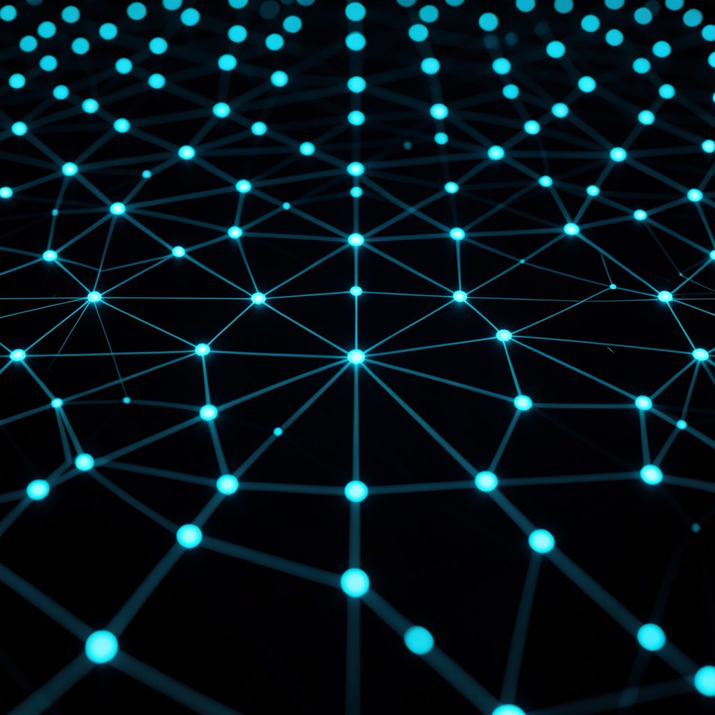 Abstract network grid with glowing cyan nodes on dark background, evoking telecommunications and infrastructure